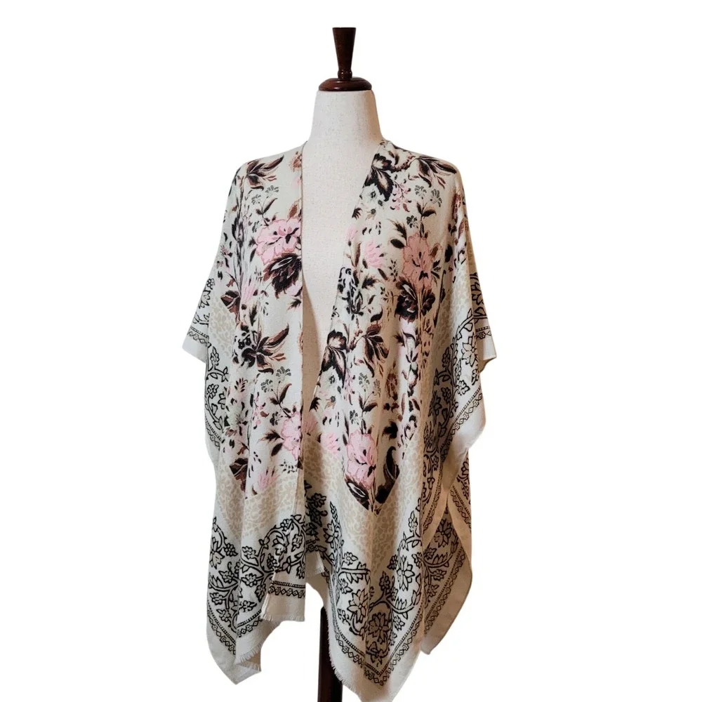 Nine West Rayon shawl Wrap Pink Floral womens OS Boho fringe dressy Casual Scarf